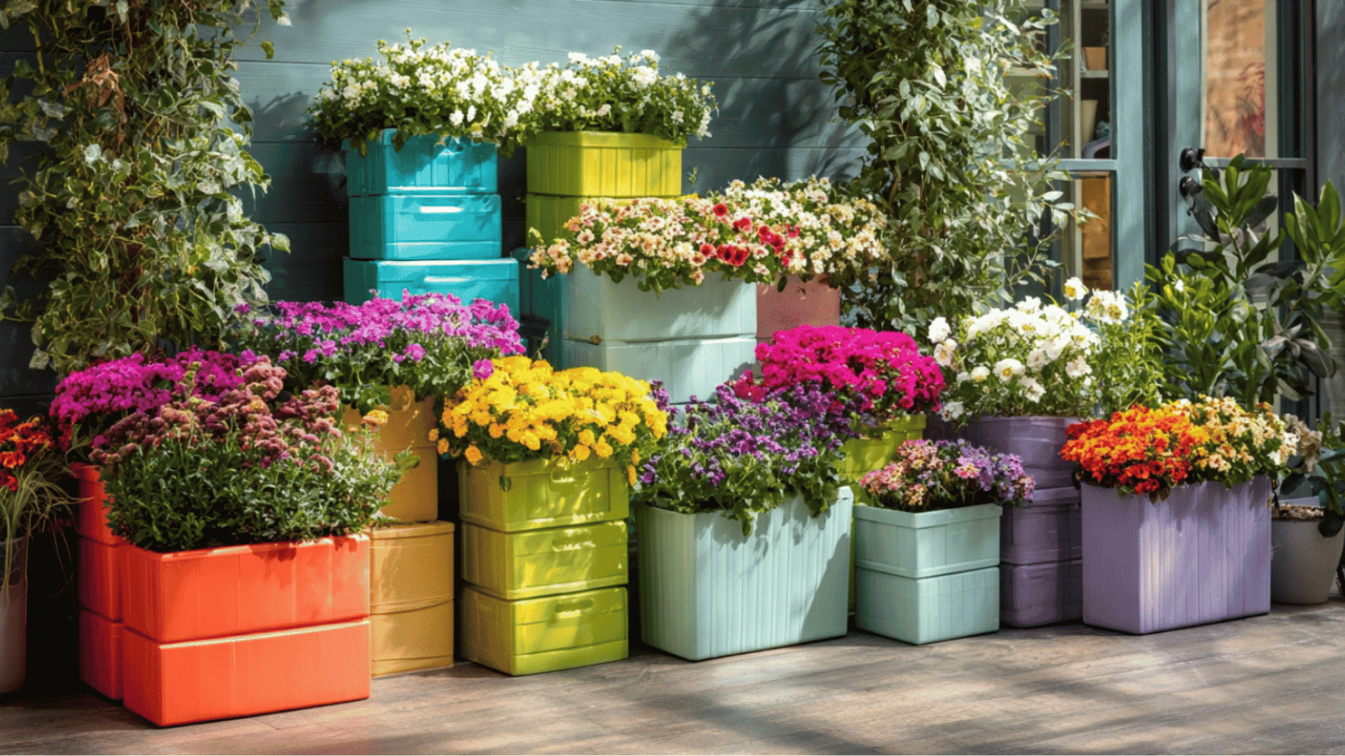 colorful flower planters arranged on sunny patio with bright blooms green vines and modern stacked containers (1)