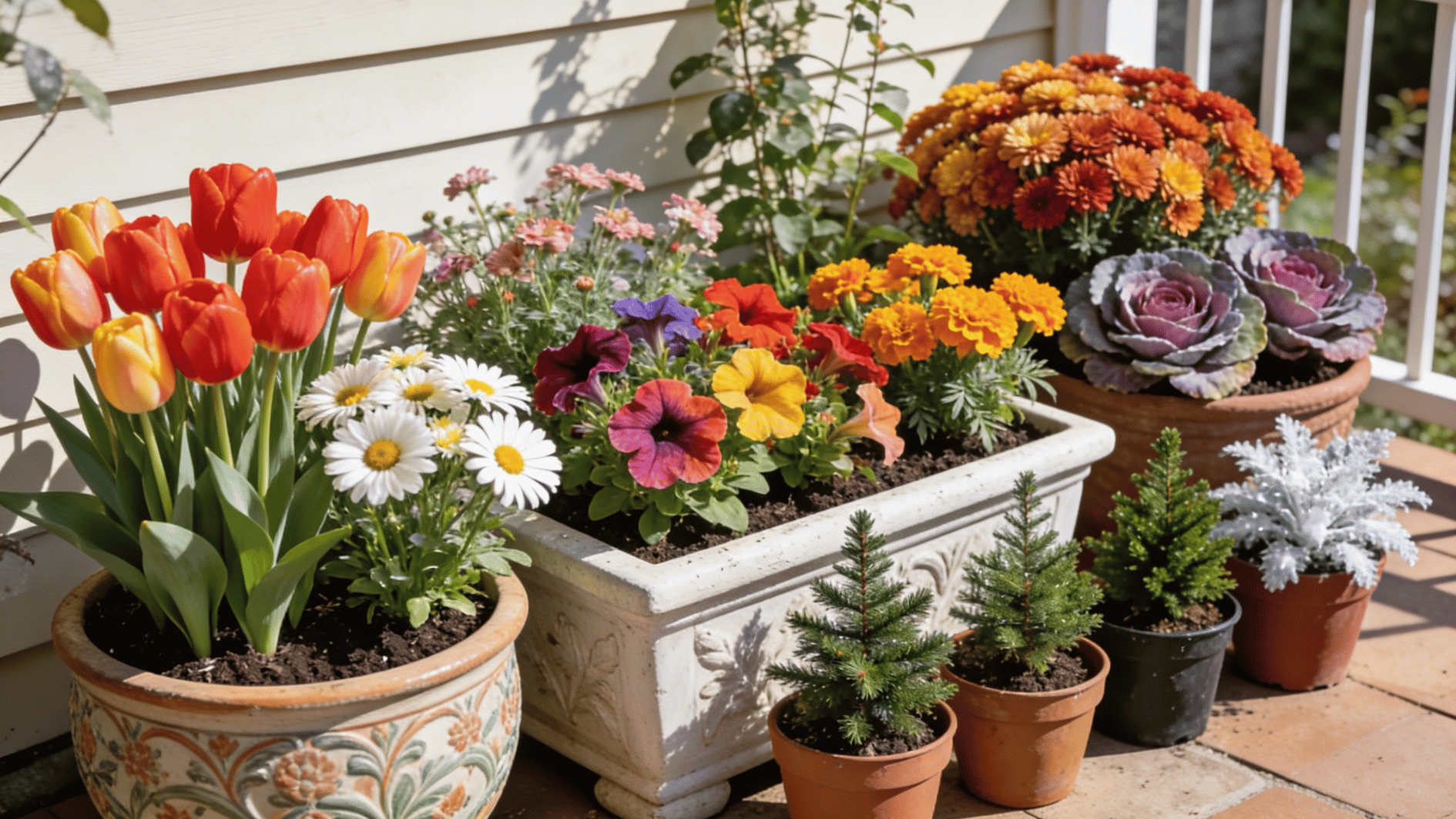 colorful flower pots with tulips, daisies, marigolds, and ornamental cabbage on sunny porch display