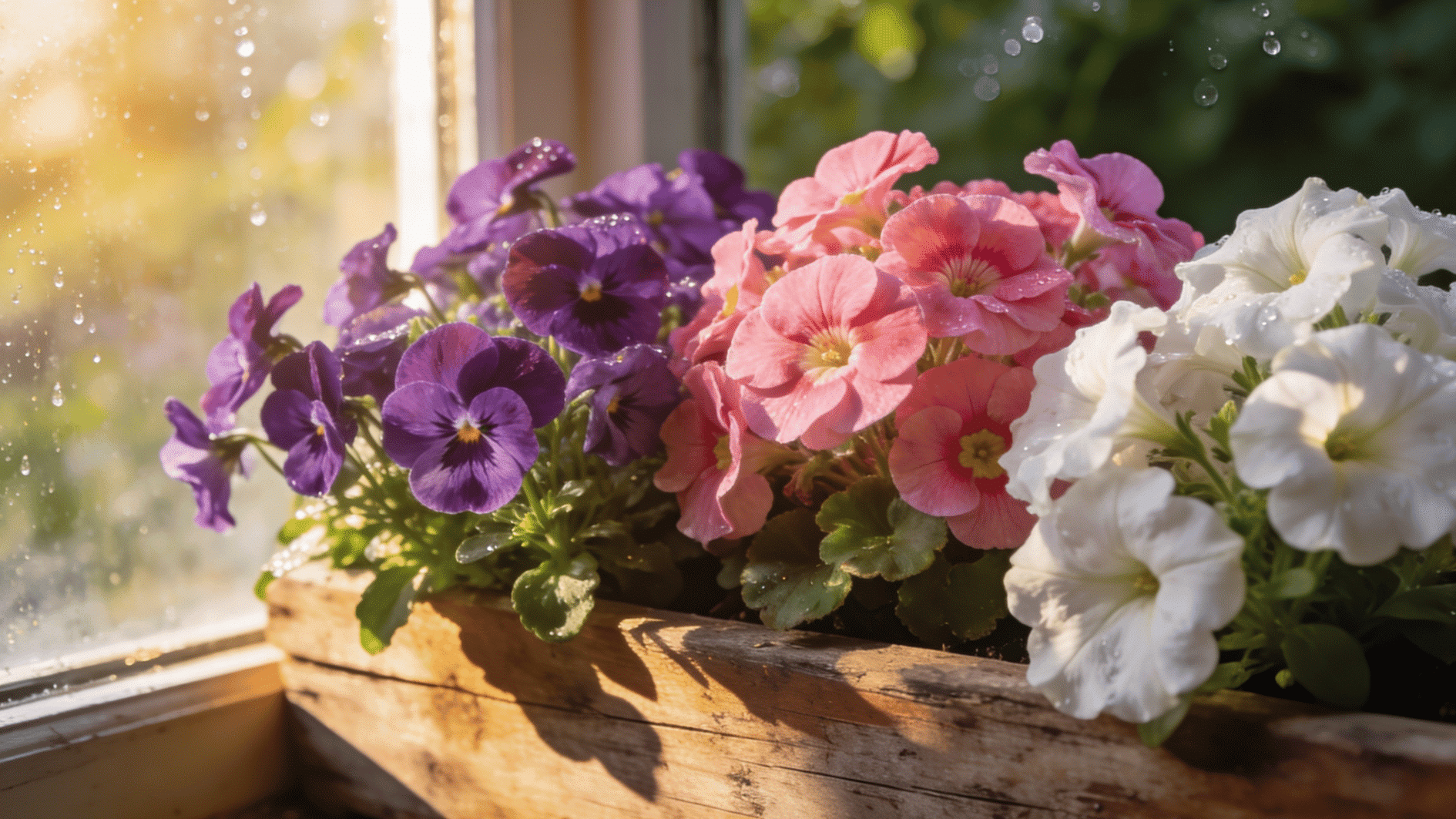 colorful flowers blooming in rustic wooden planter beside sunny window with soft morning light and water drops