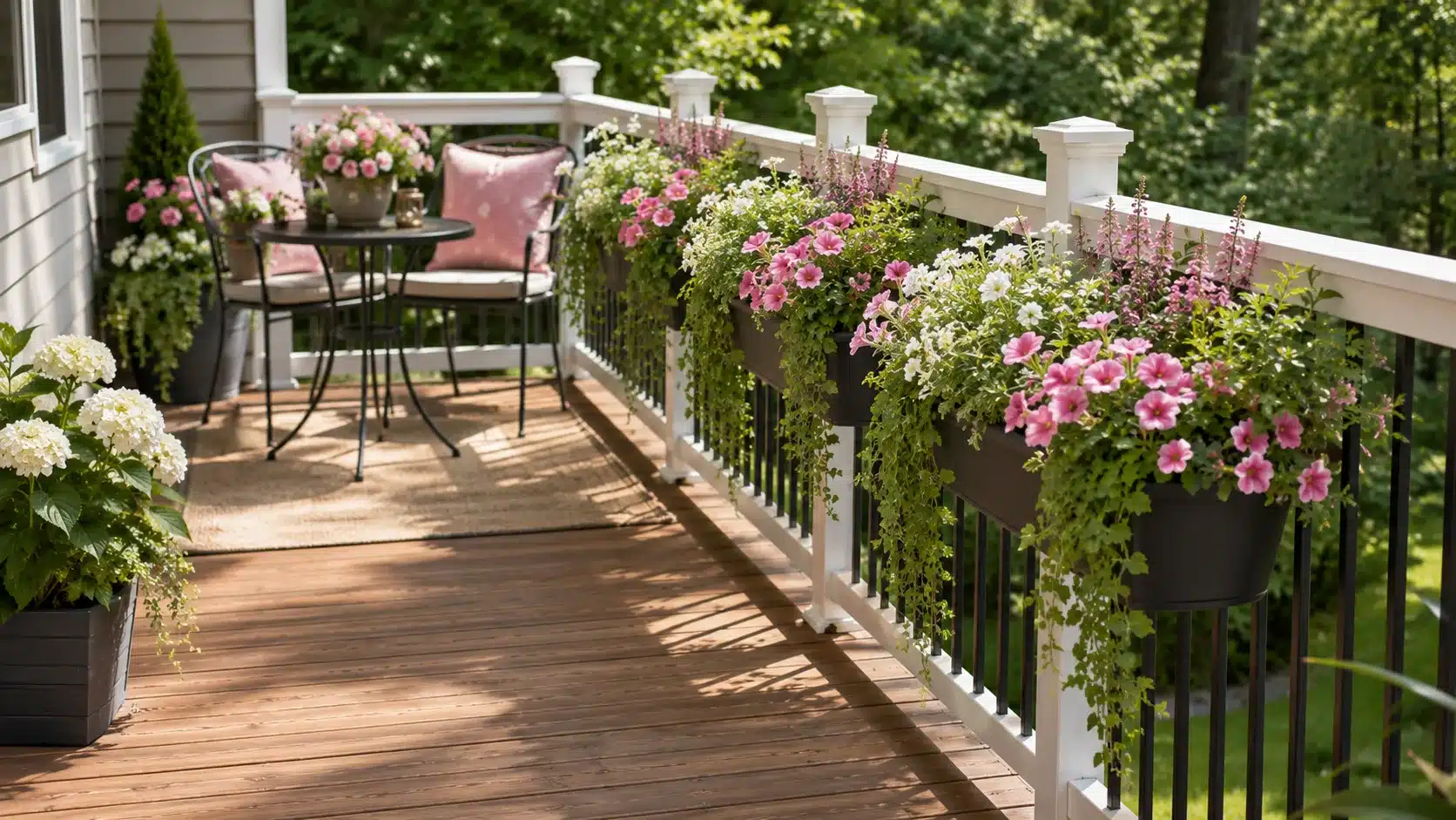 colorful rail planters on a small deck