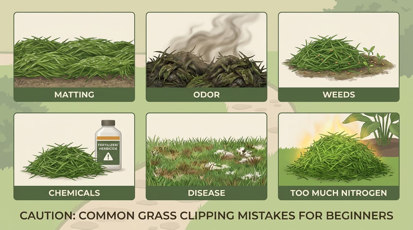 infographic showing common grass clipping mistakes like wet piles weeds chemicals and disease