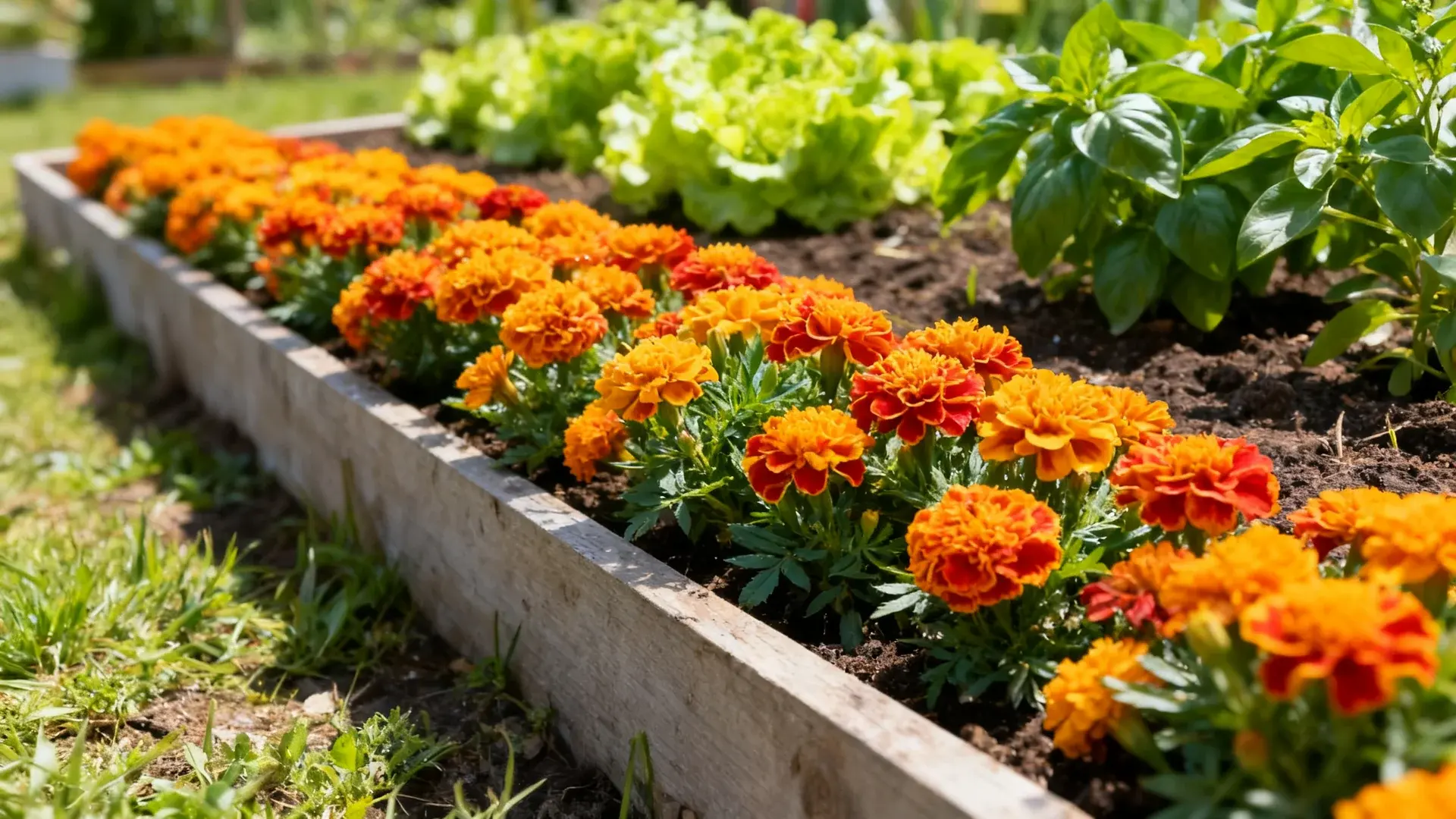 compact french marigolds growing along a raised vegetable bed edge in a sunny garden
