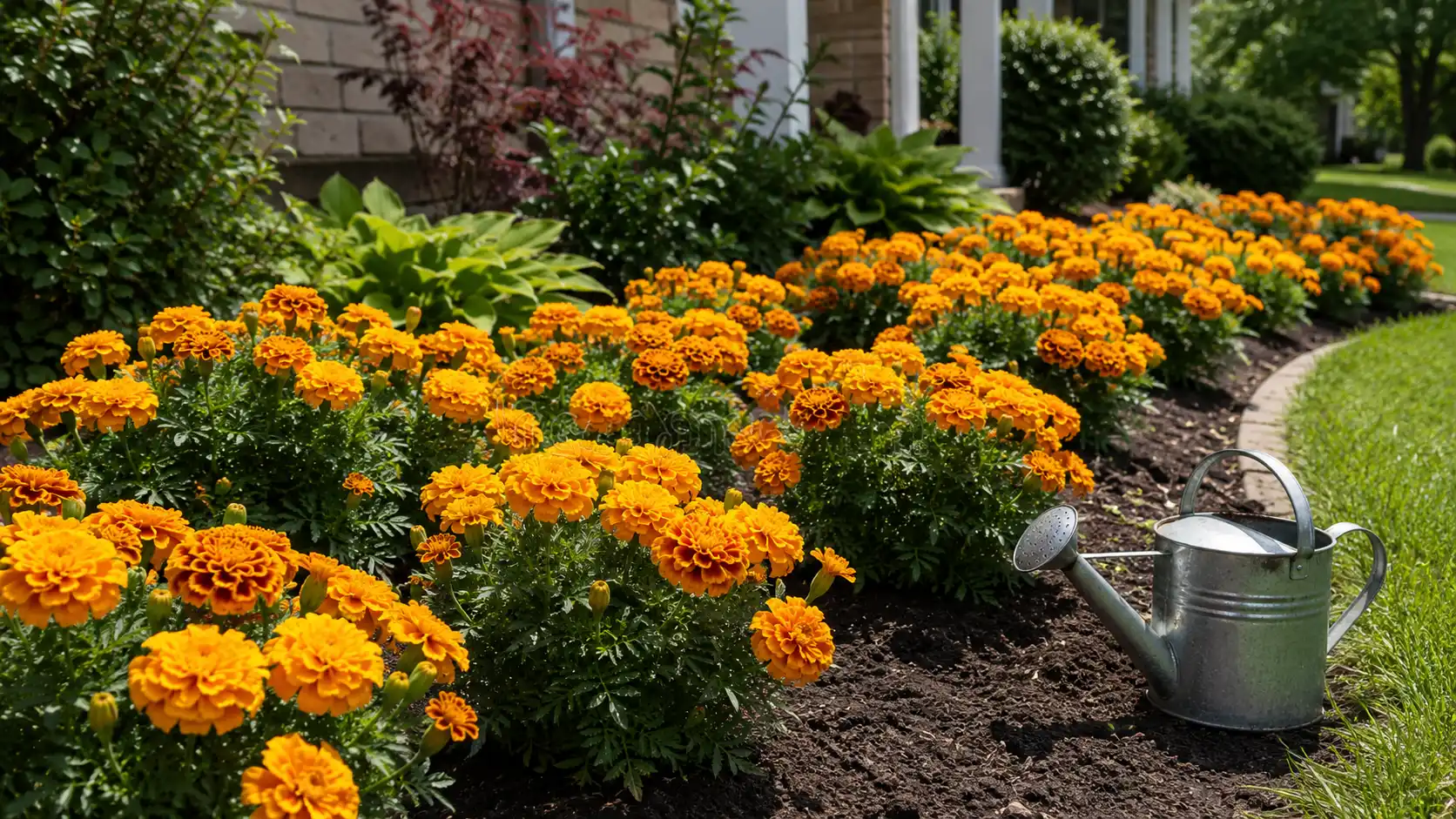 compact triploid marigolds with large blooms growing evenly in a sunny summer planting strip
