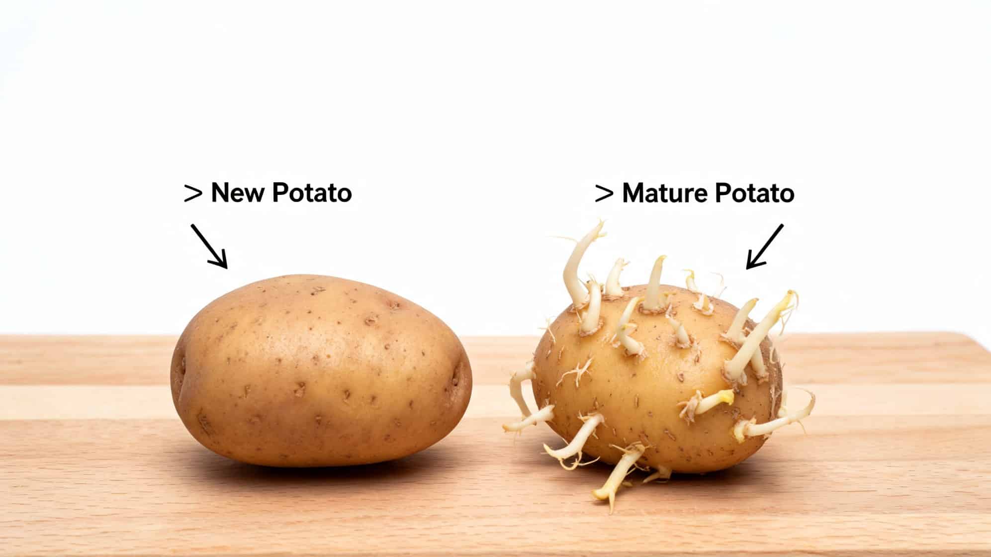 when to harvest potatoes comparison showing fresh potato and overmature sprouted potato on wooden table