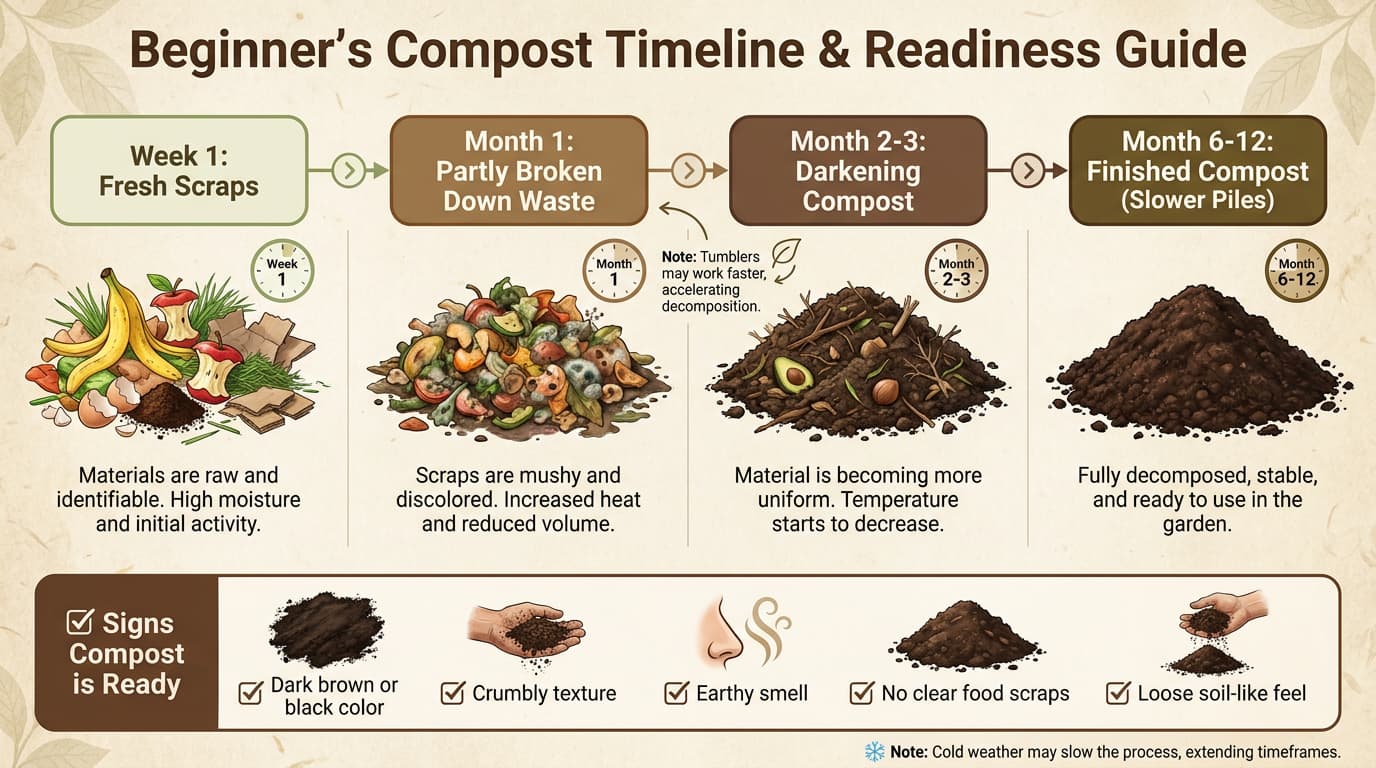 compost timeline with ready signs showing dark crumbly earthy compost without food scraps