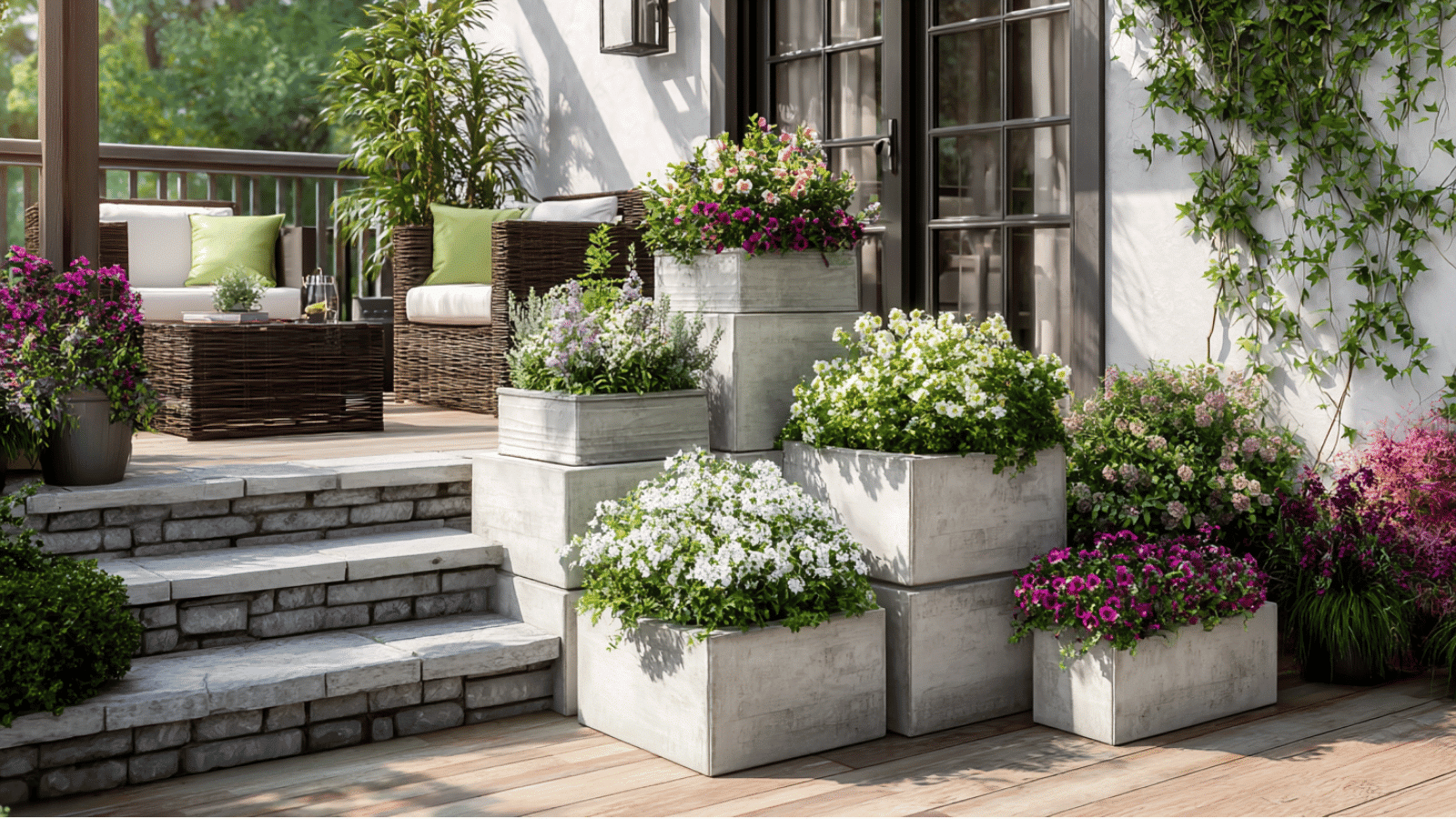 covered patio filled with shade loving plants ferns and decorative containers surrounding cozy outdoor seating area