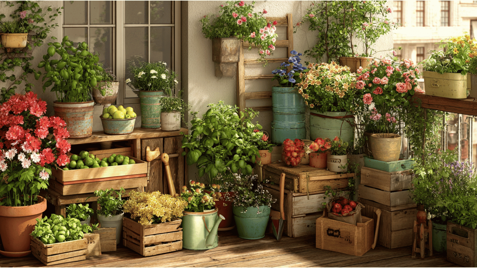 cozy balcony container garden with flowers herbs fruits and leafy plants in rustic pots wooden crates and baskets