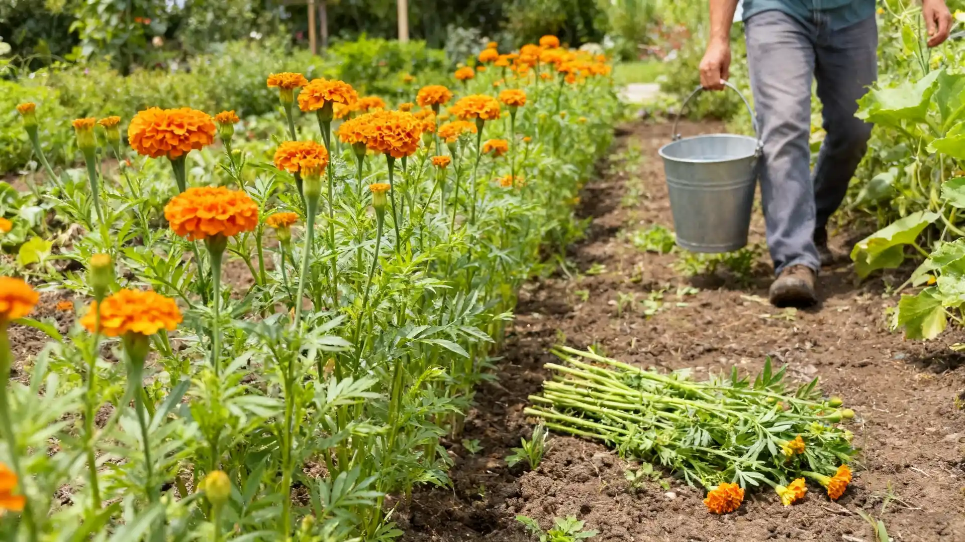 crackerjack african marigolds growing tall in a sunny cutting garden row with large blooms
