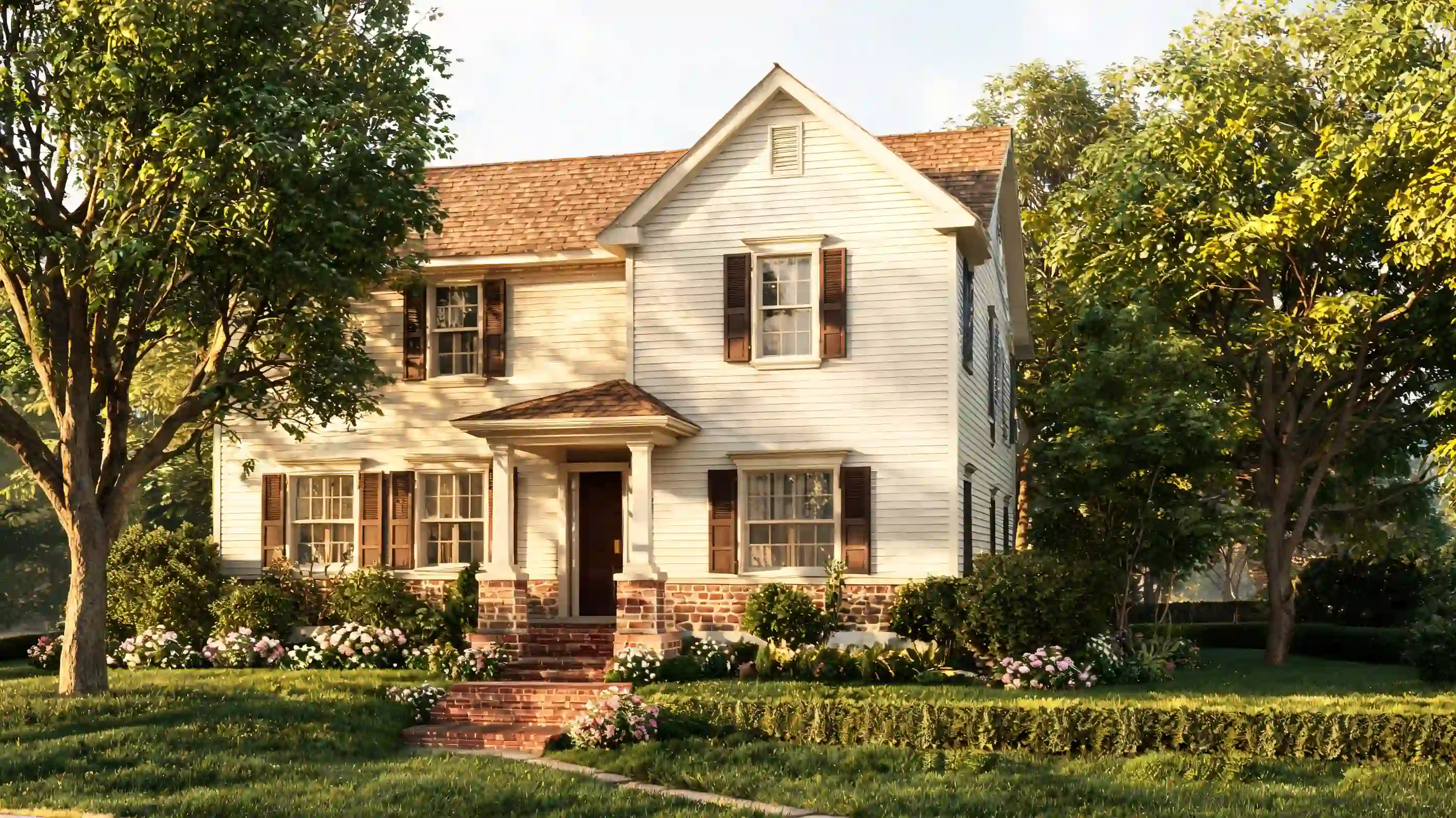 creamy off white traditional home with warm roof brick steps and relaxed curb appeal