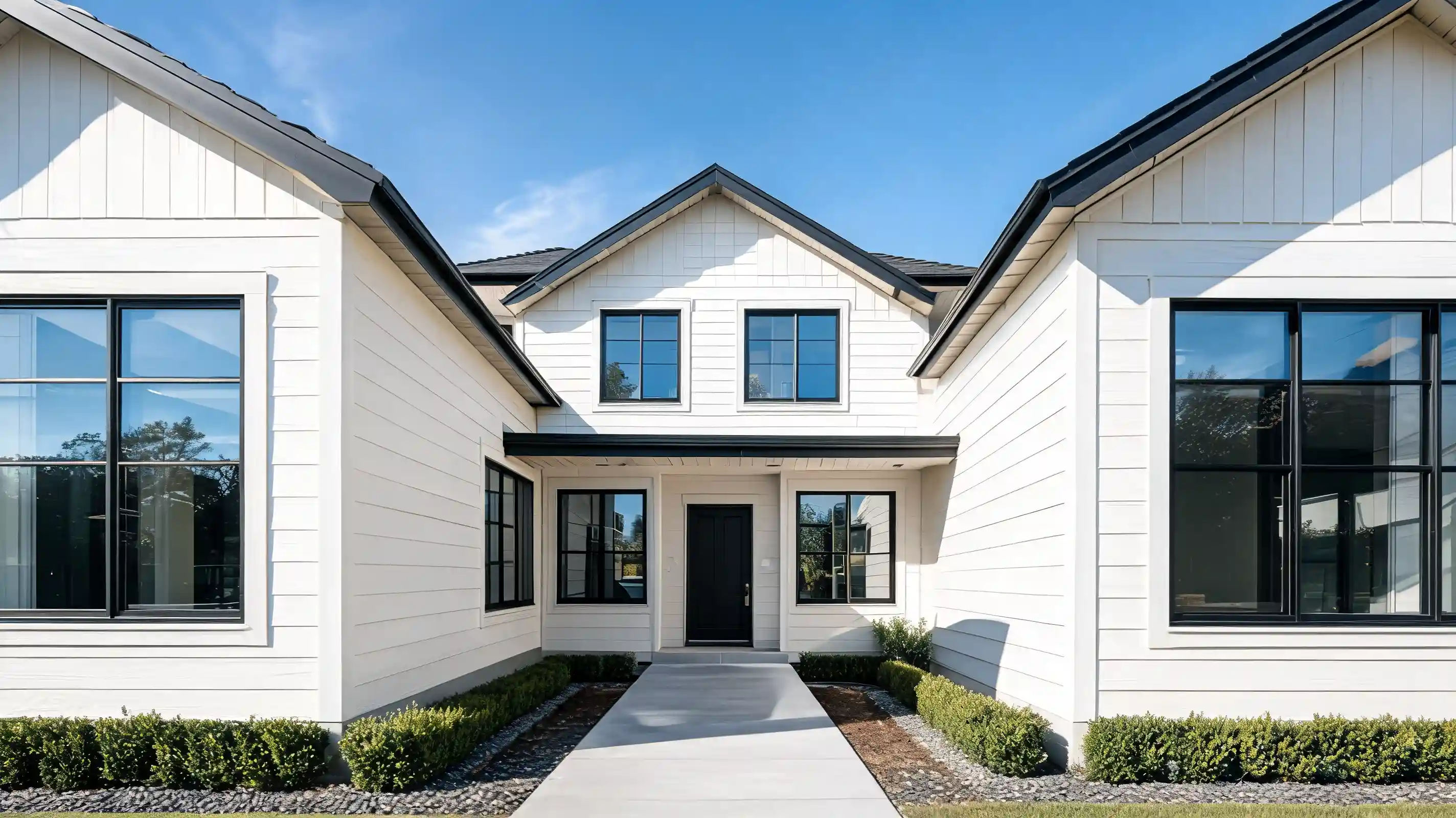 crisp bright white modern home exterior with black windows and clean architectural lines