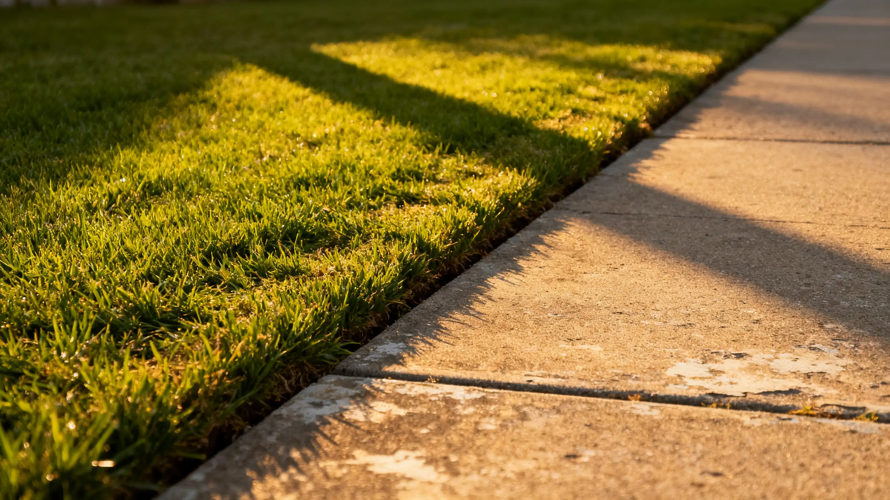 Sunlit grass bordering a concrete sidewalk in a serene outdoor setting