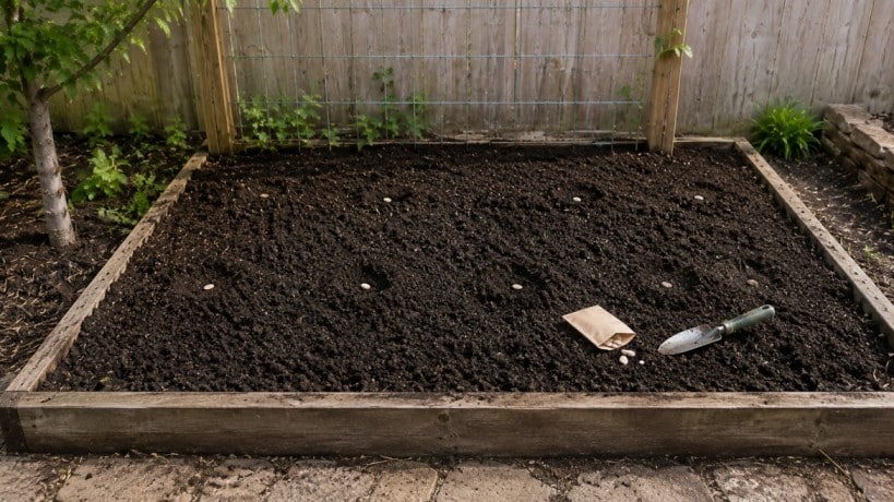 how to plant cucumbers by placing seeds in shallow holes in damp soil with a trowel and seed packet nearby