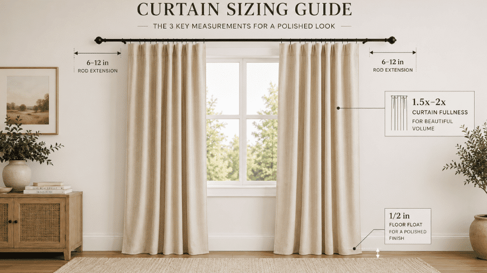 curtain hanging guide showing rod width curtain fullness and floor length measuring for a window setup