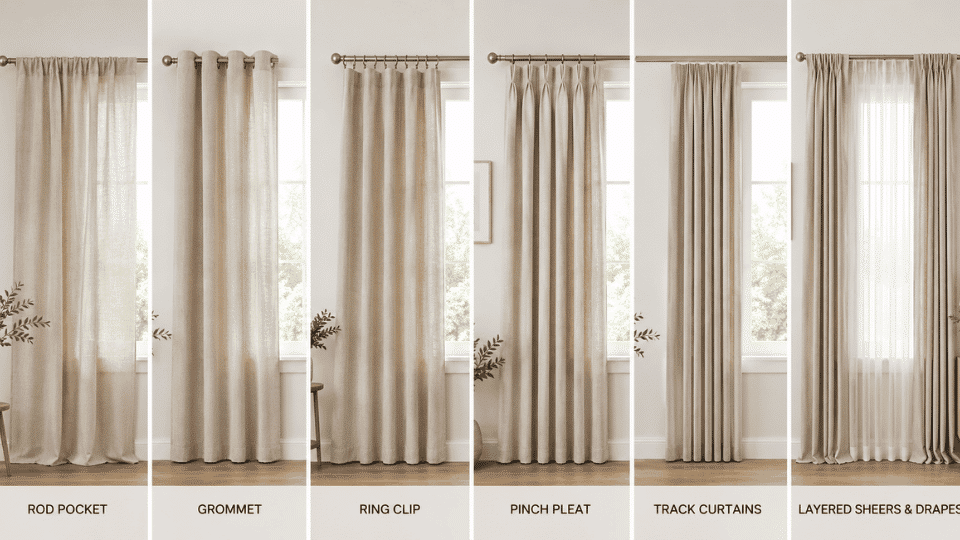 curtain hanging guide comparing rod pocket grommet pleat track and layered styles side by side