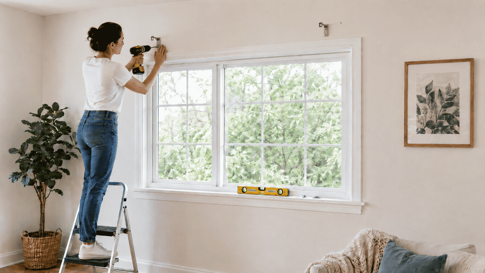 curtain hanging guide showing diy step 2 drilling and installing curtain rod brackets on the wall