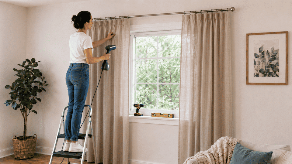 curtain hanging guide showing diy step 4 steaming and adjusting folds for a neat finish after hanging