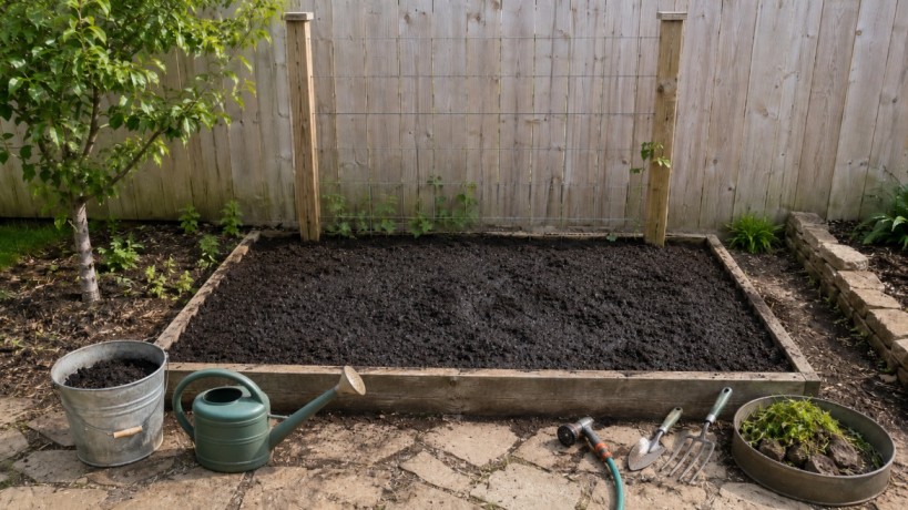 how to plant cucumbers by watering the prepared garden bed before sowing seeds in damp crumbly soil evenly