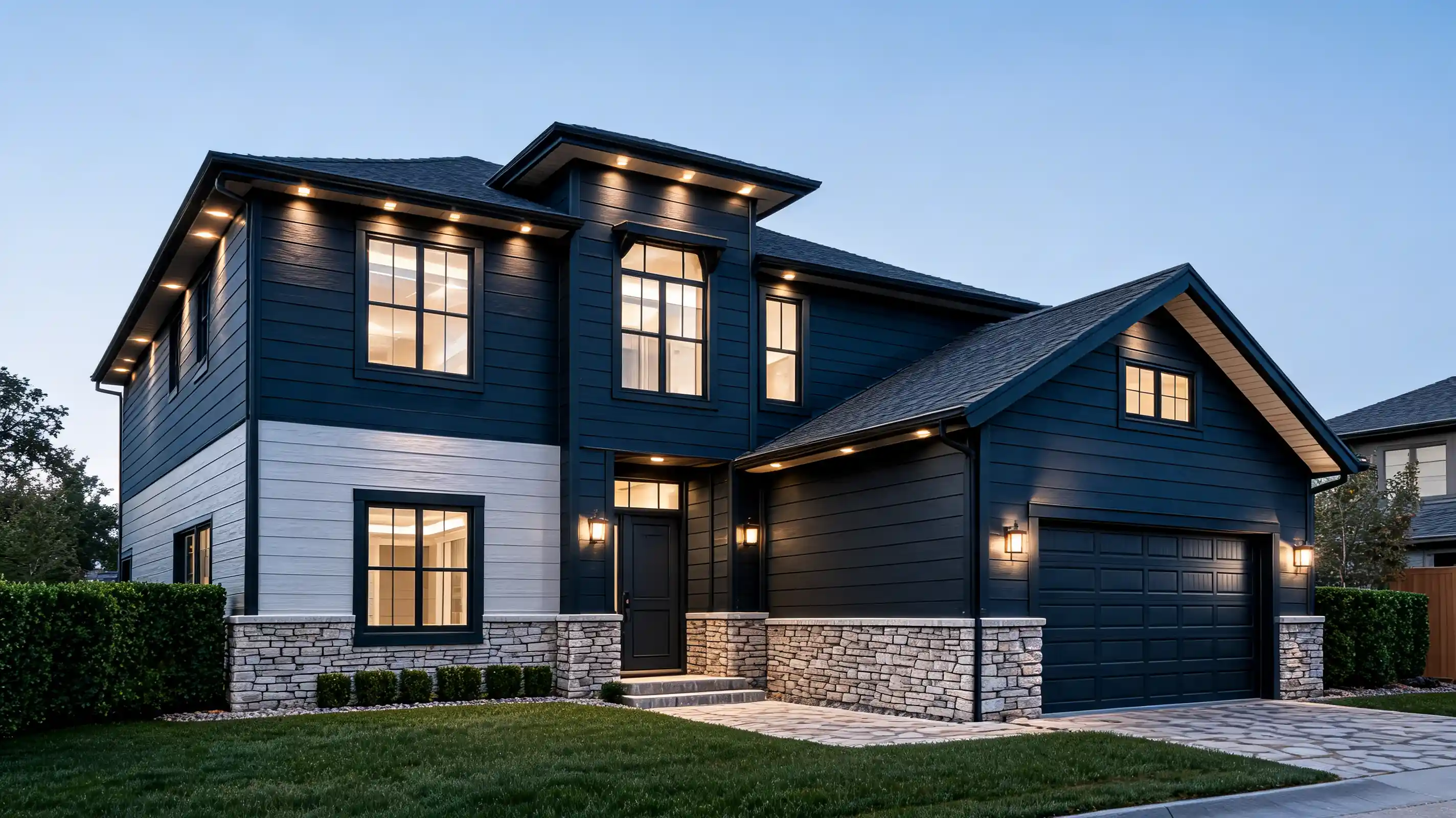dark charcoal door shutters and trim against light siding with stone and clean landscaping