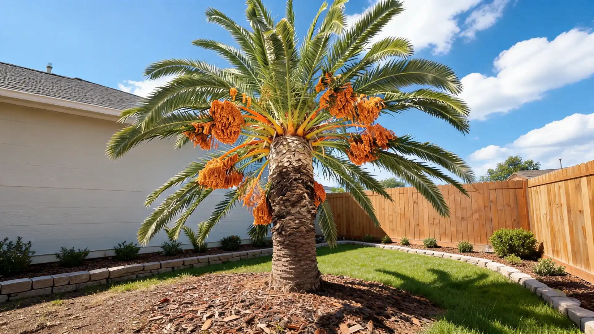 date palm tree with arching fronds and strong trunk in a garden setting