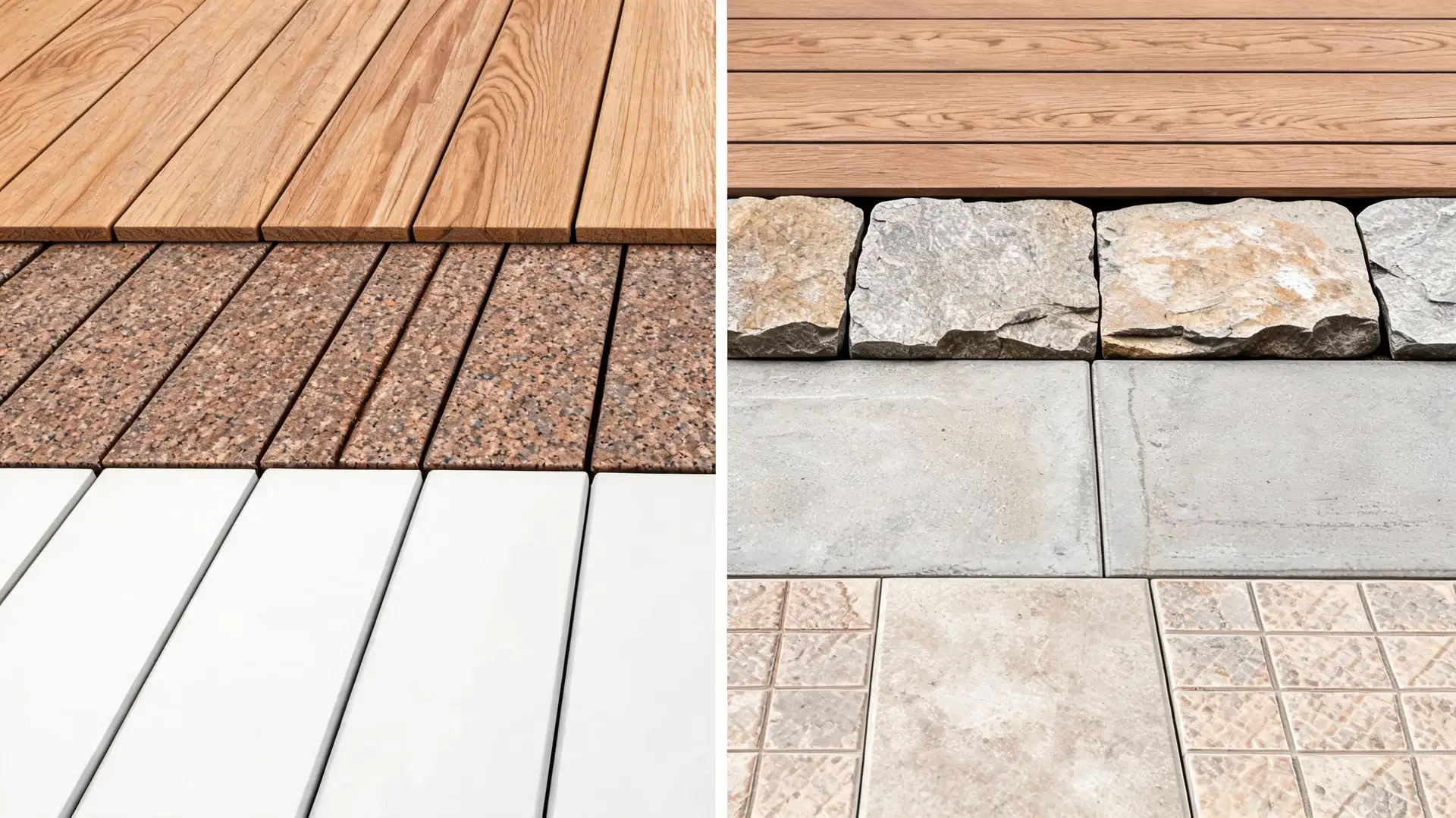 deck vs porch, close-up image showing different decking materials on left and various porch flooring stones on right