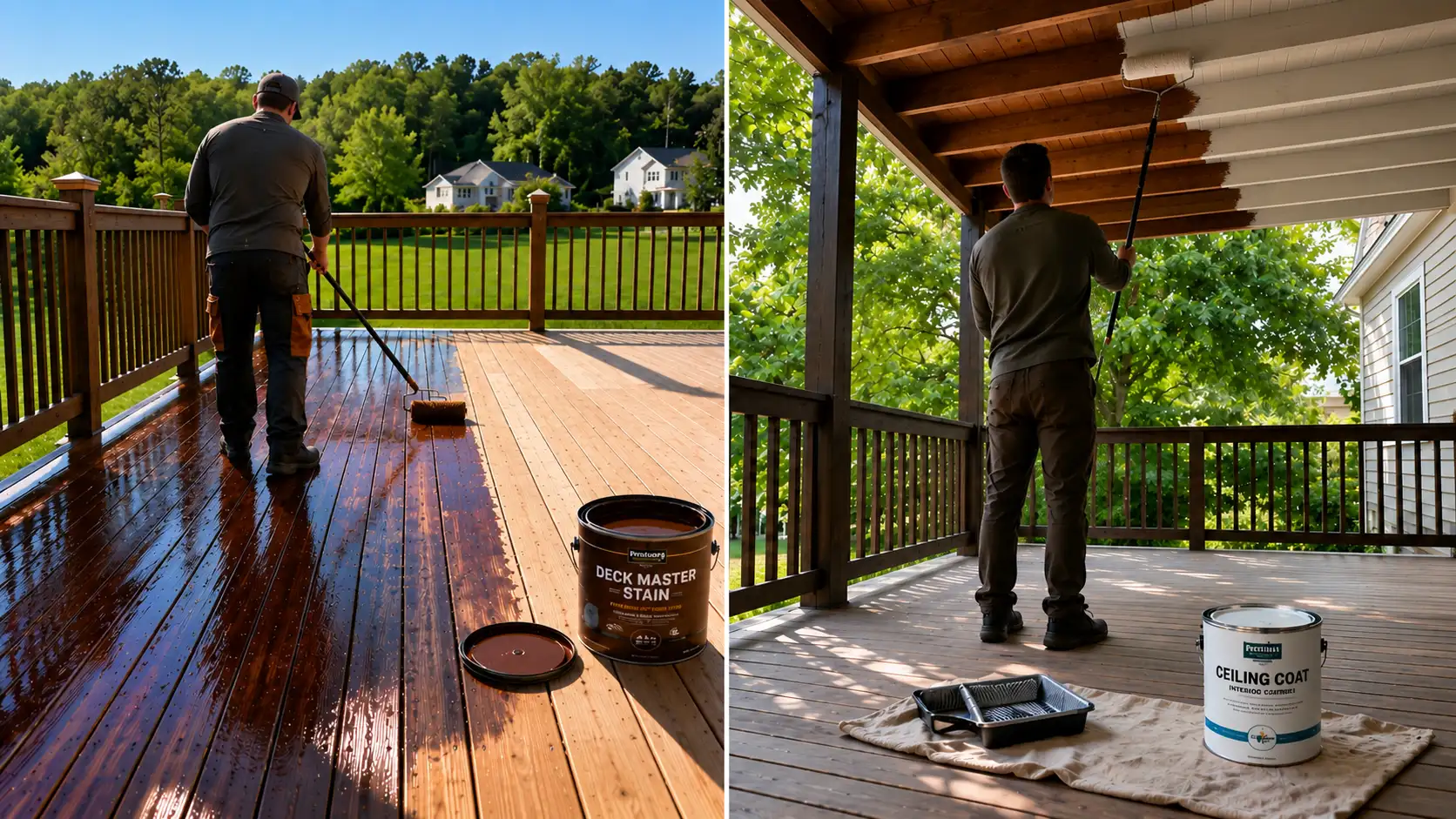 deck vs porch comparison showing workers staining a sunny deck and coating a covered porch ceiling with paint rollers