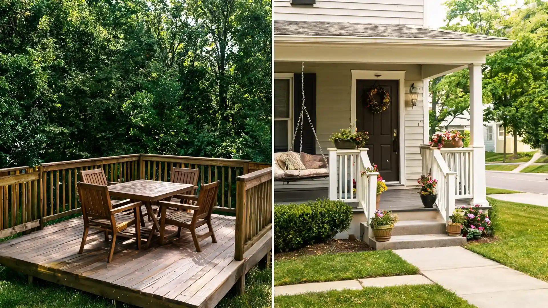 side by side image showing a wooden deck with table and chairs next to a front porch with a swing and potted plants