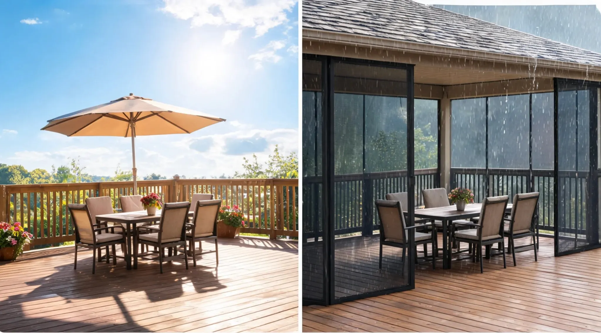 side-by-side comparison showing sunny open deck with umbrella and covered screened porch during rain