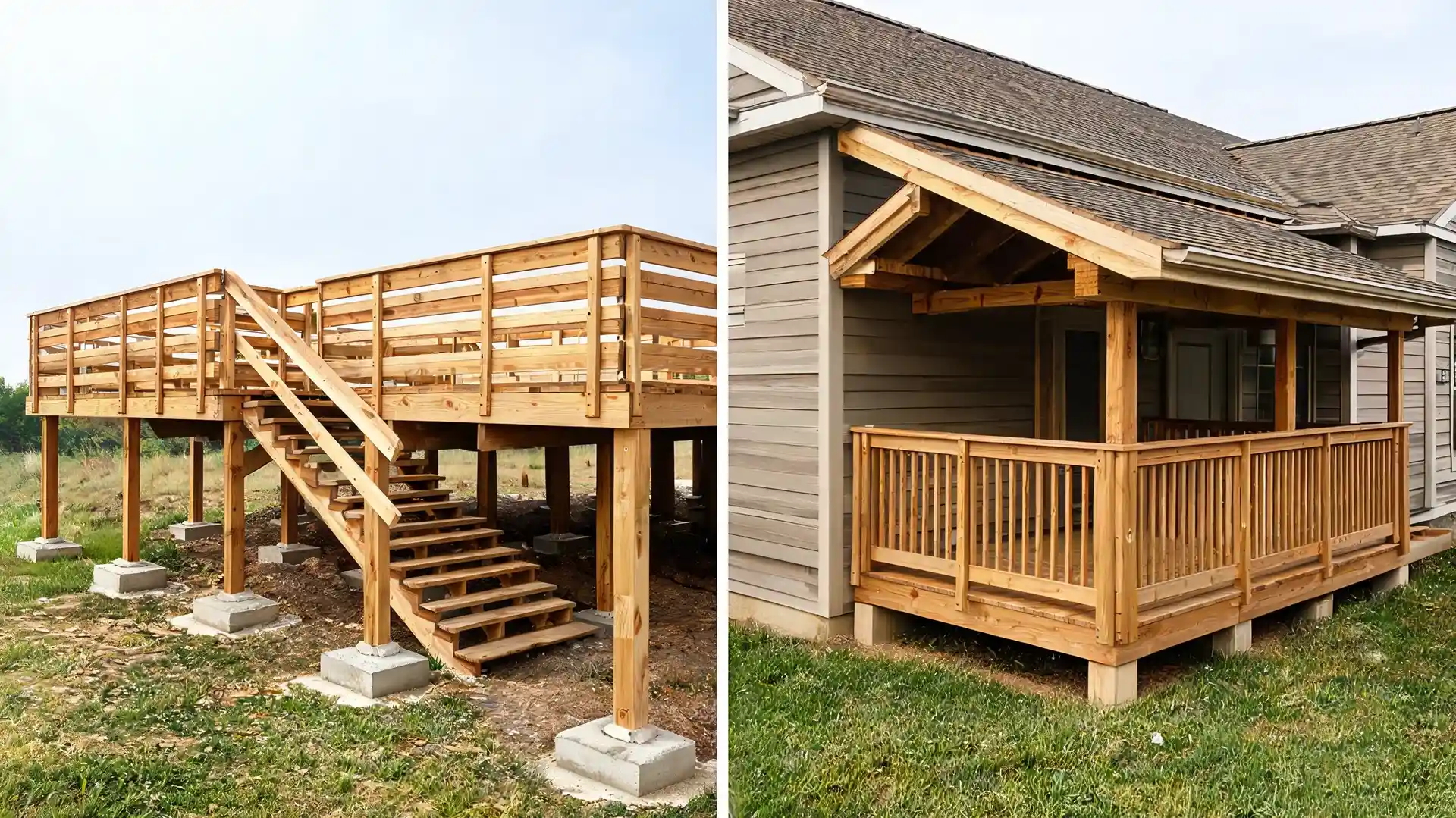 deck vs porch, side-by-side image showing elevated wooden deck with stairs next to covered front porch attached to house