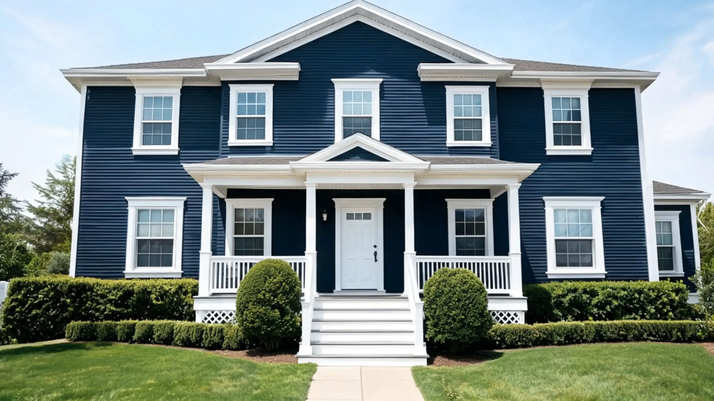 deep blue classic home exterior with crisp white trim entry steps and green shrubs