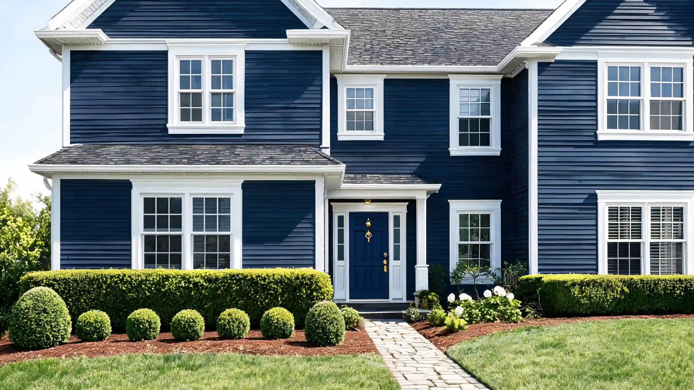 deep navy house exterior with white trim brass hardware and classic curb appeal