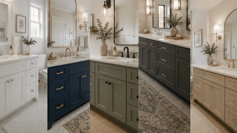 different bathroom cabinets combos painted in colors like navy blue, grey white or black (1)
