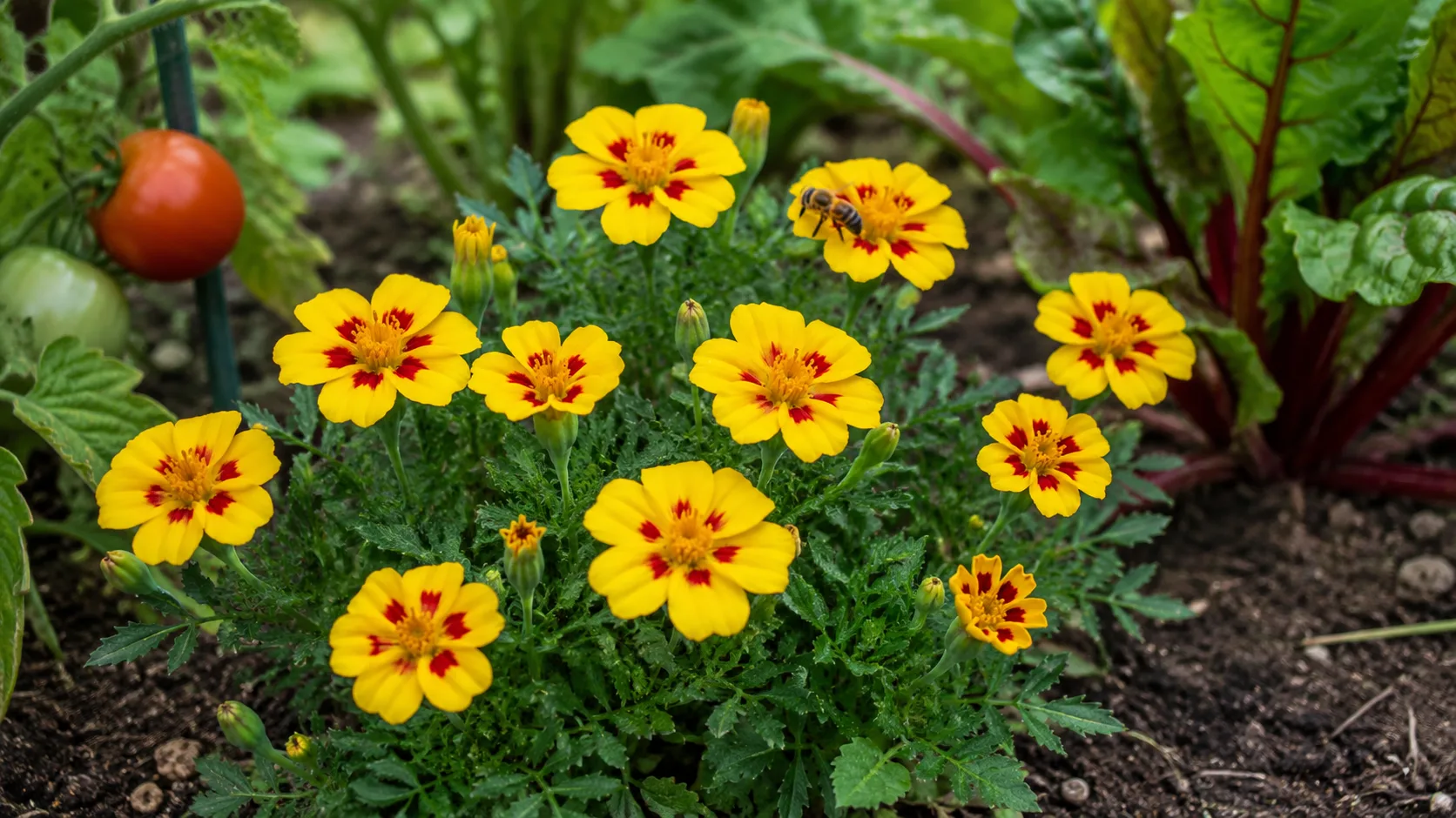 disco marietta french marigolds with open yellow and red flowers in a vegetable garden