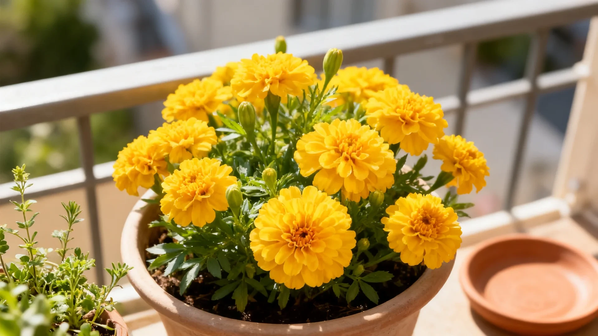 discovery yellow marigolds blooming in a shallow sunny balcony container with compact growth