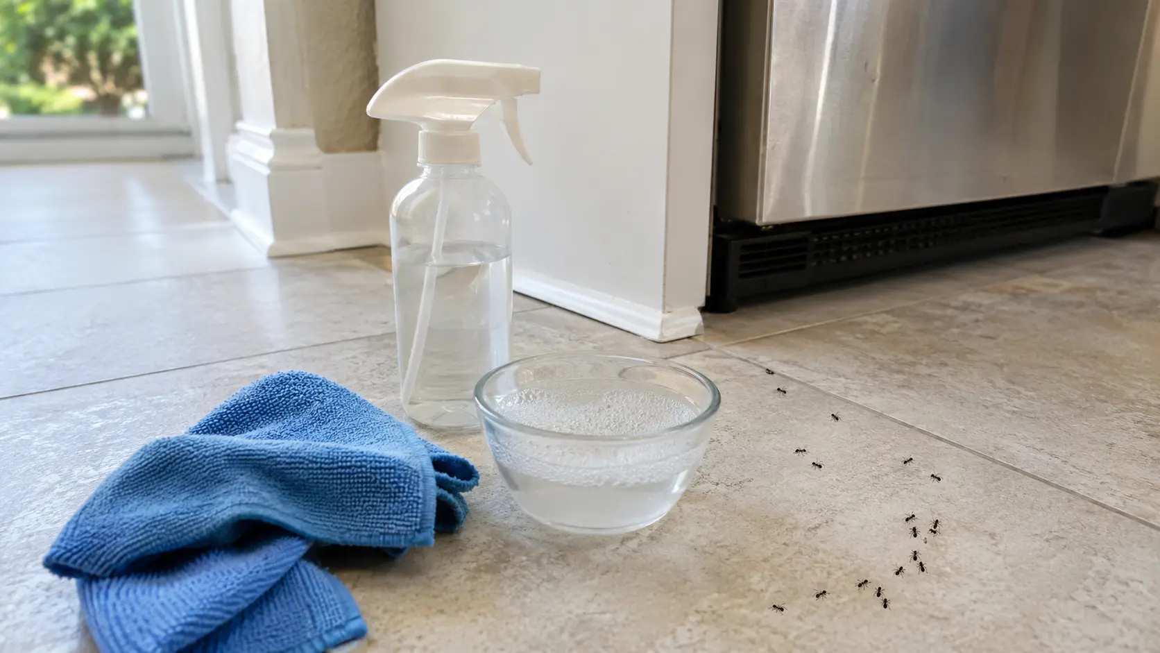 a realistic kitchen floor scene showing dish soap water spray and cloth used to clean visible ants