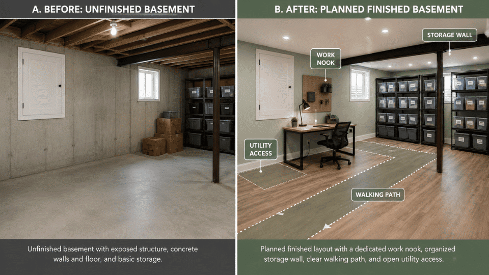 diy basement finishing planning diagram showing before space and after storage work nook layout