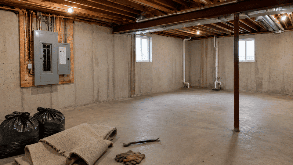 diy basement finishing demolition with old carpet shelves and clutter removed from basement