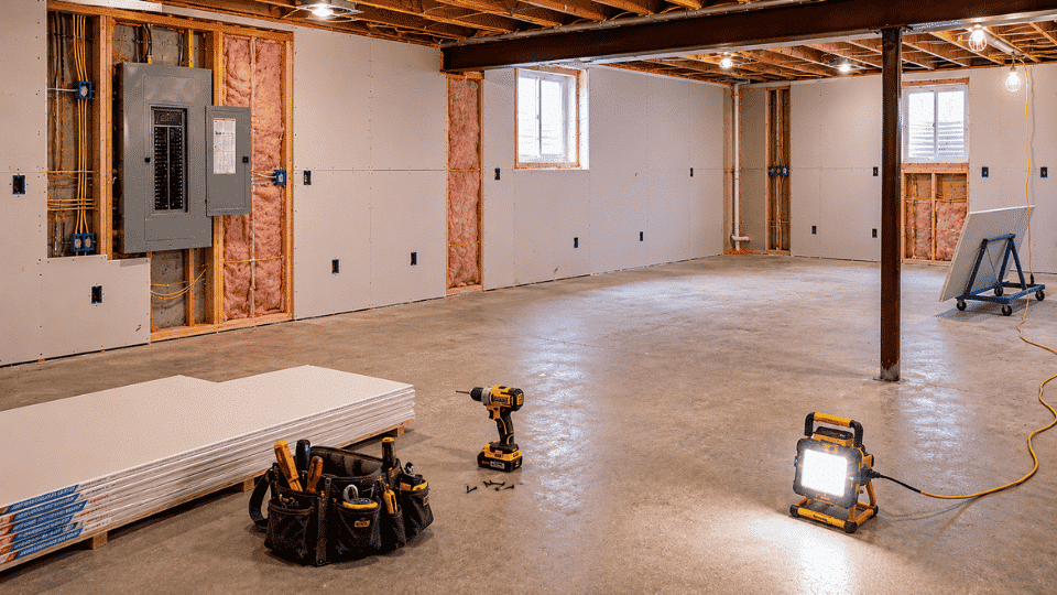 diy basement finishing drywall sheets installed over framed insulated basement walls