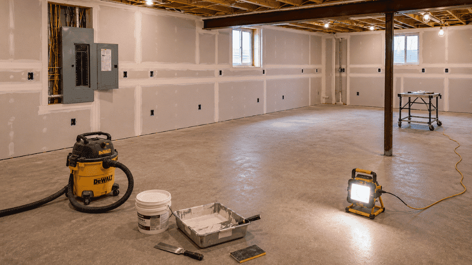 diy basement finishing drywall taping mudding and sanding before basement painting
