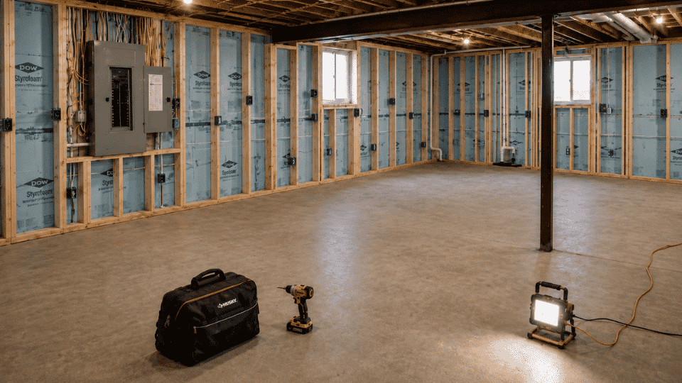 diy basement finishing electrical rough in before drywall with outlet boxes and wires
