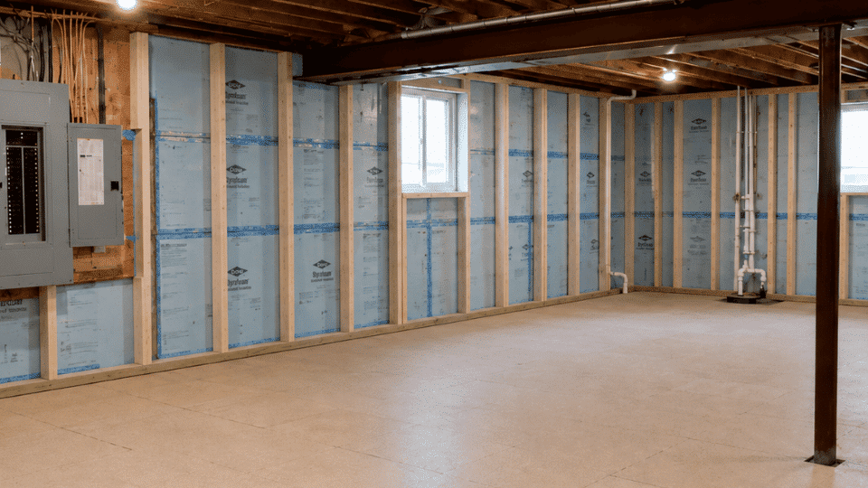 diy basement finishing foam board insulation and wall framing in basement