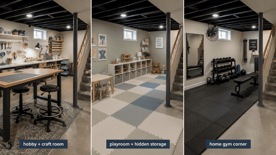diy basement finishing ideas shown as craft room playroom and home gym in one divided image