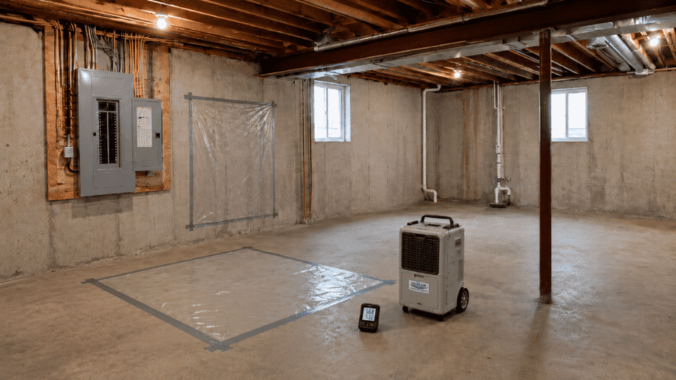 diy basement finishing moisture test with plastic on concrete wall and basement floor