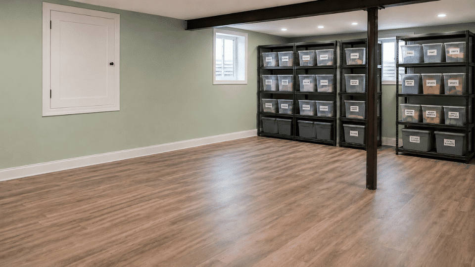diy basement finishing storage wall with labeled bins and clear utility access