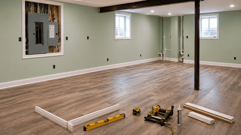 diy basement finishing trim doors and baseboards installed after basement flooring