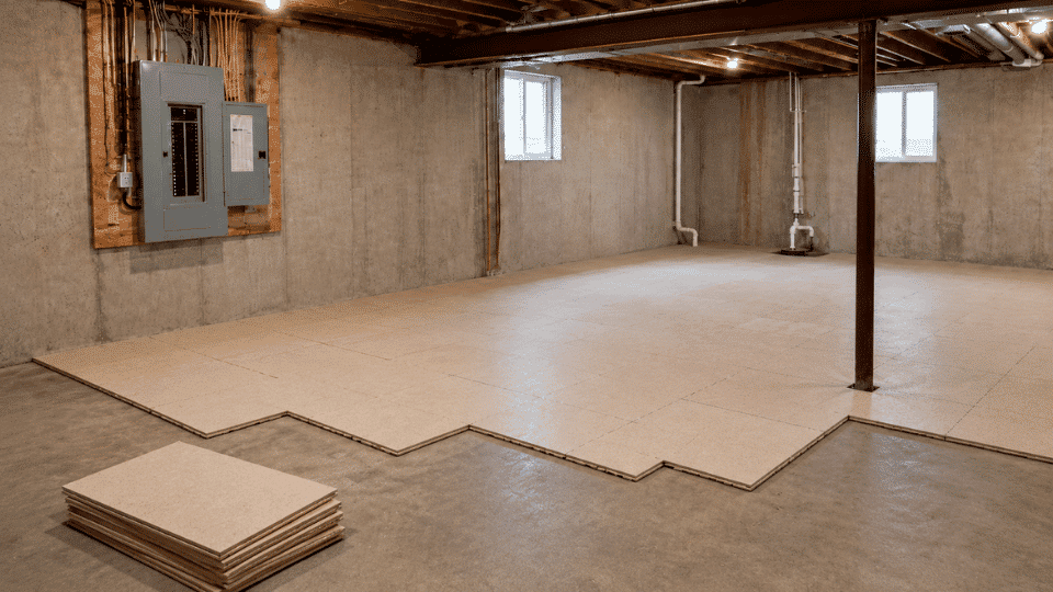 diy basement finishing subfloor panels installed over clean concrete basement slab