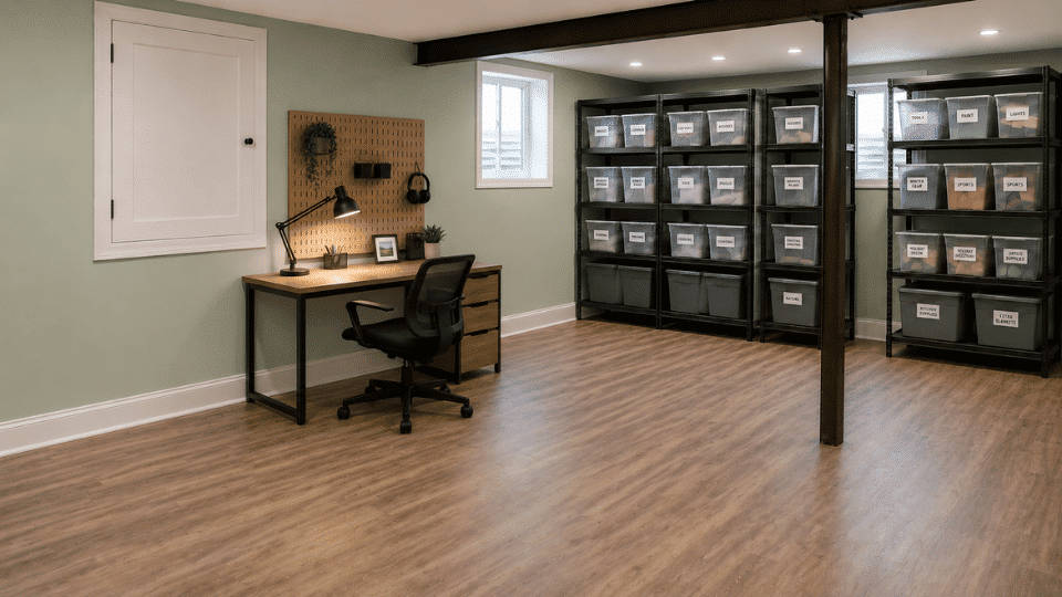 diy basement finishing work nook with desk lamp organizer and storage nearby