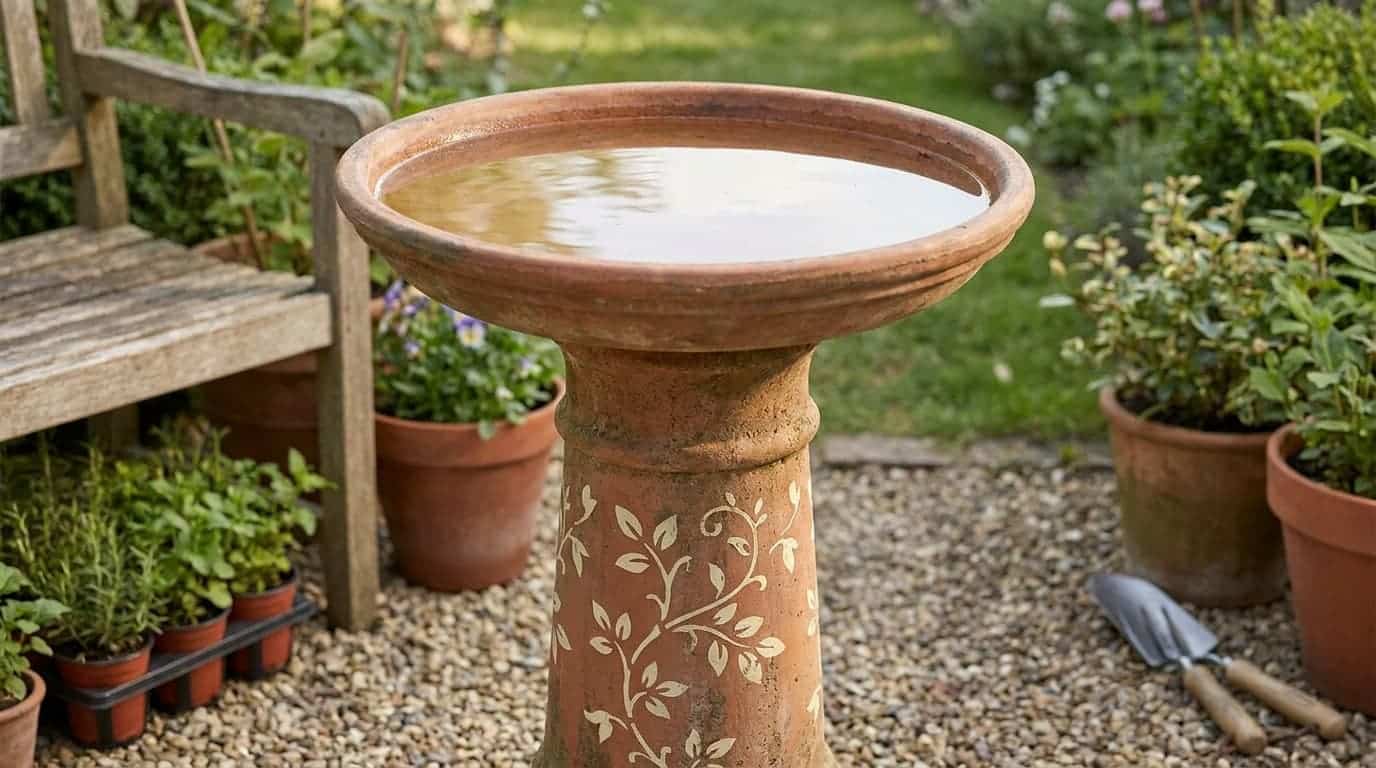 bird bath with stenciled outer base and plain safe basin for birds