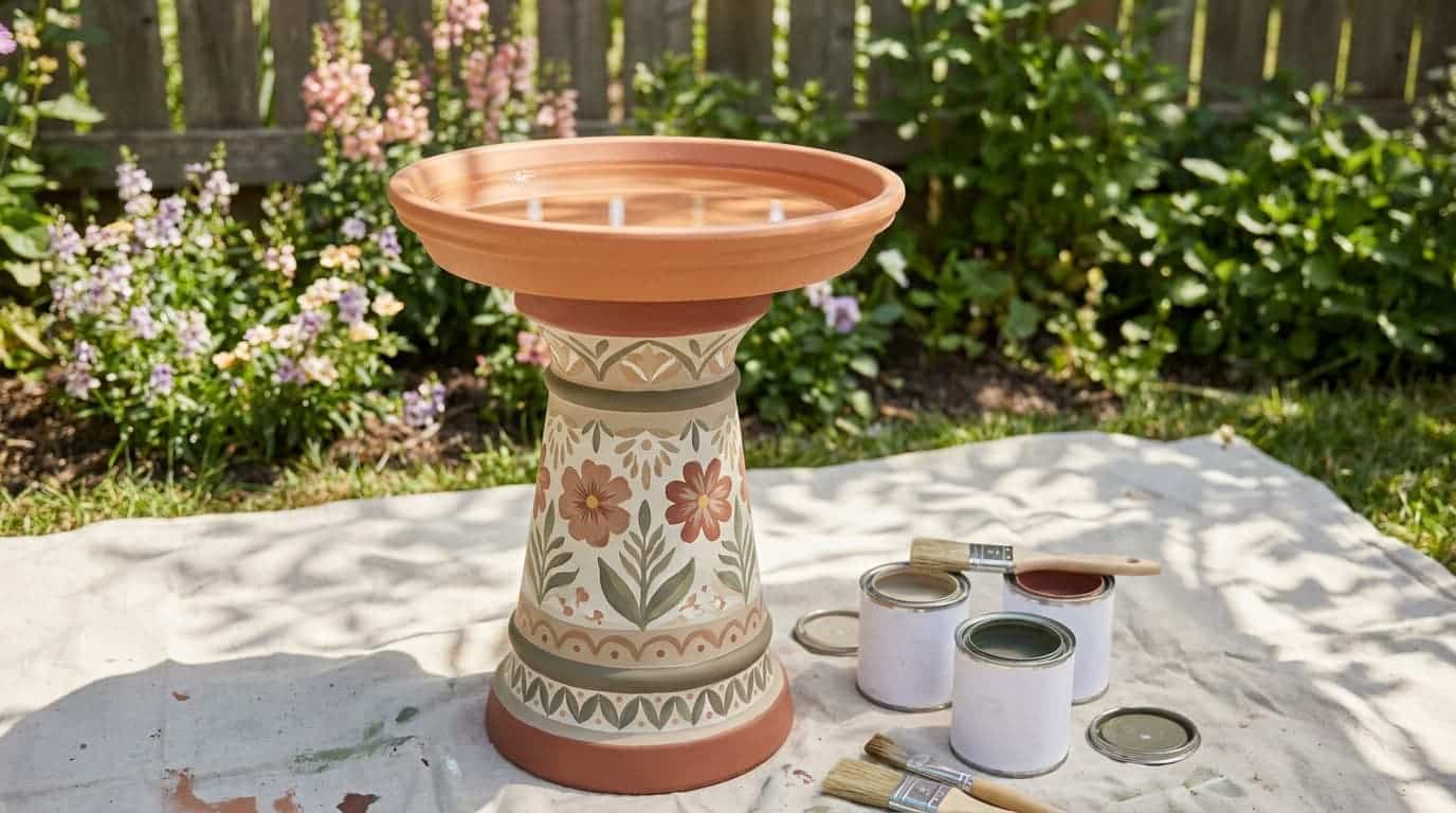 painted bird bath base with clean, unpainted basin for safer bird drinking