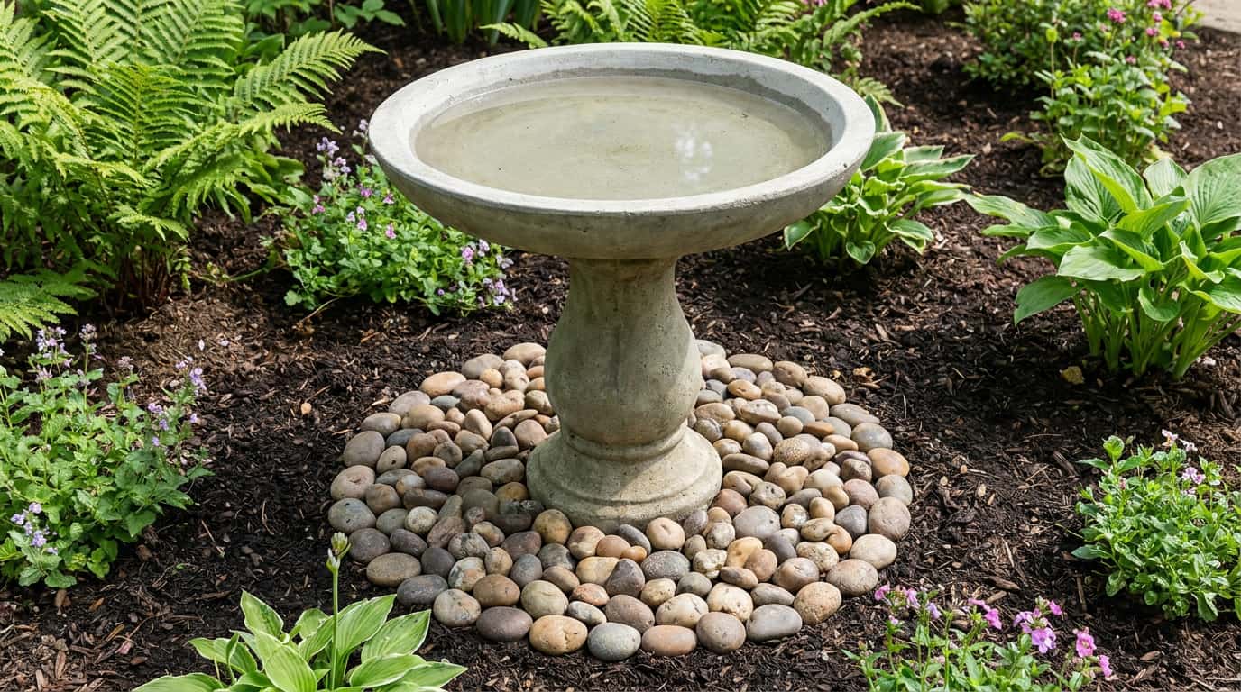 bird bath with smooth pebble border around the outside and plain clean basin