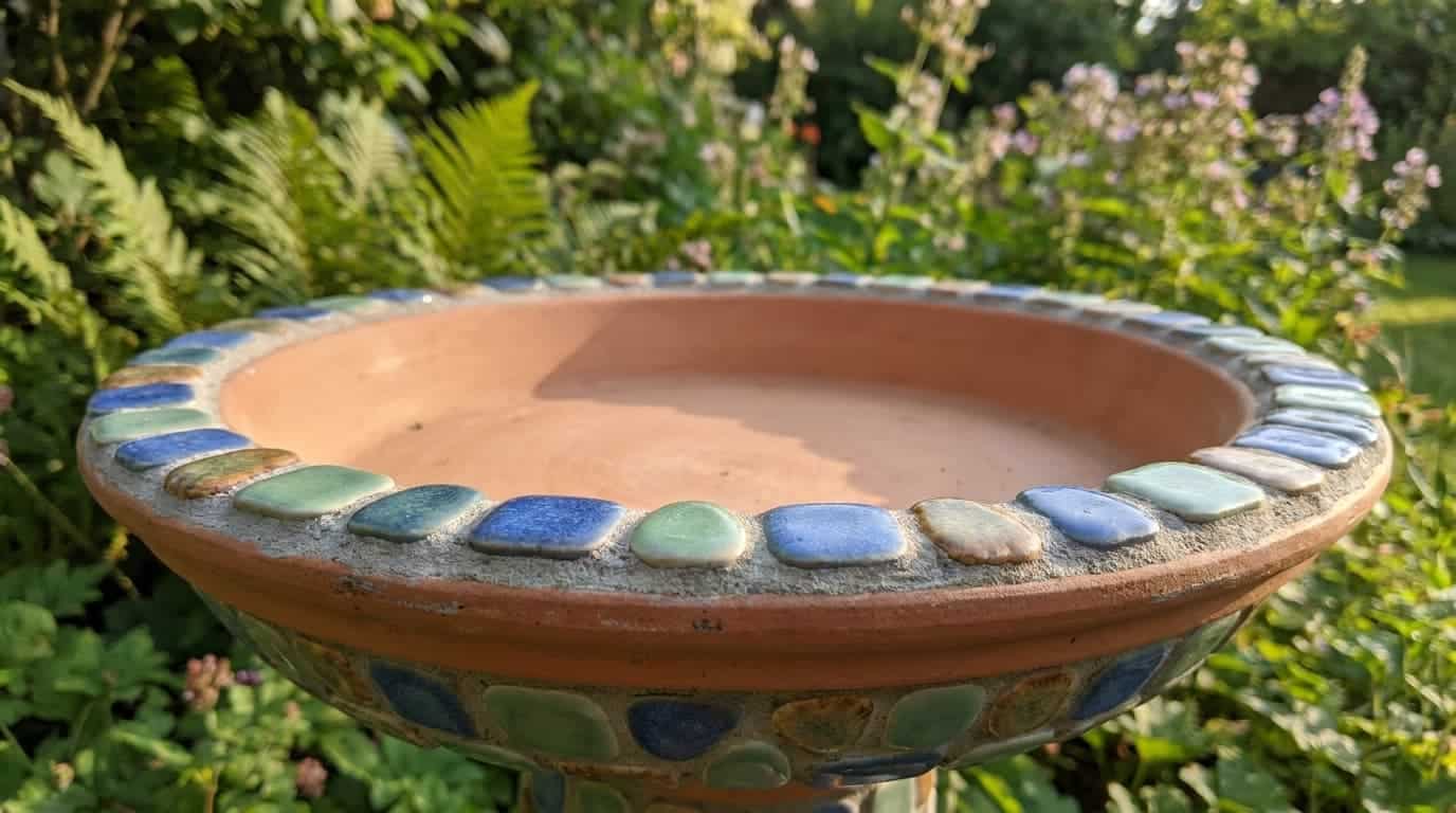 bird bath with smooth mosaic tiles around outer edge and a plain safe basin